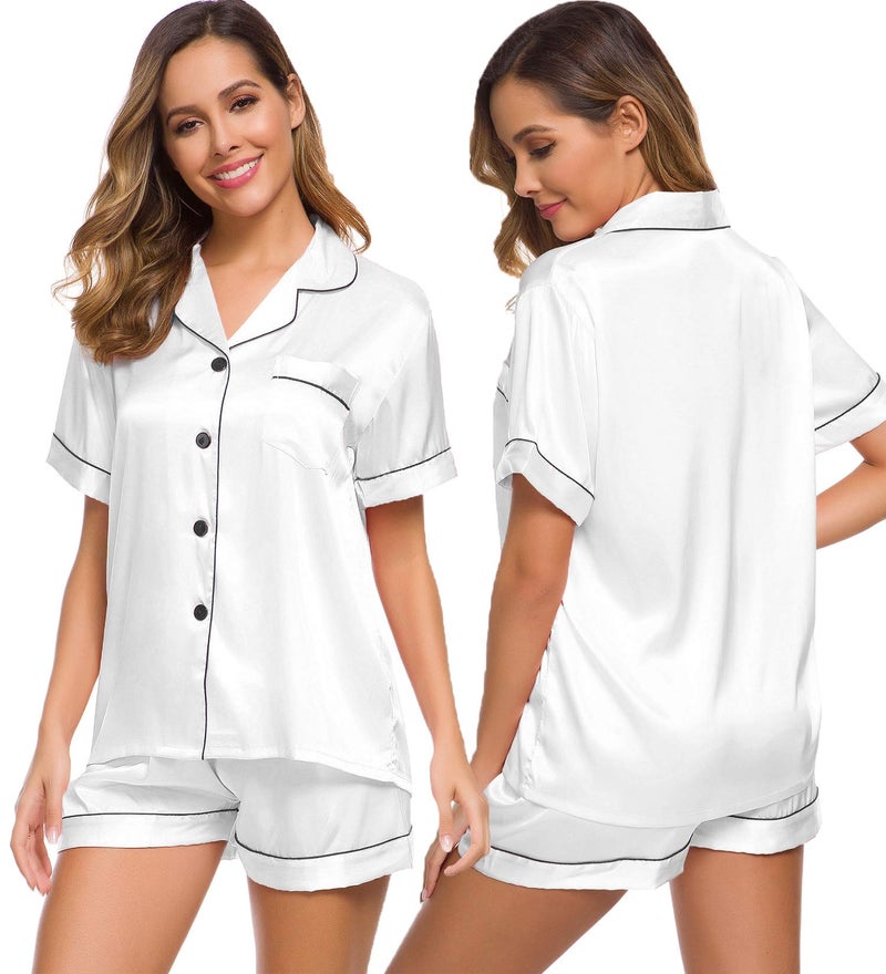 SWOMOG Pajamas Set Short Sleeve Sleepwear Womens Button Down Nightwear Soft Pj Lounge Sets White - Image 1